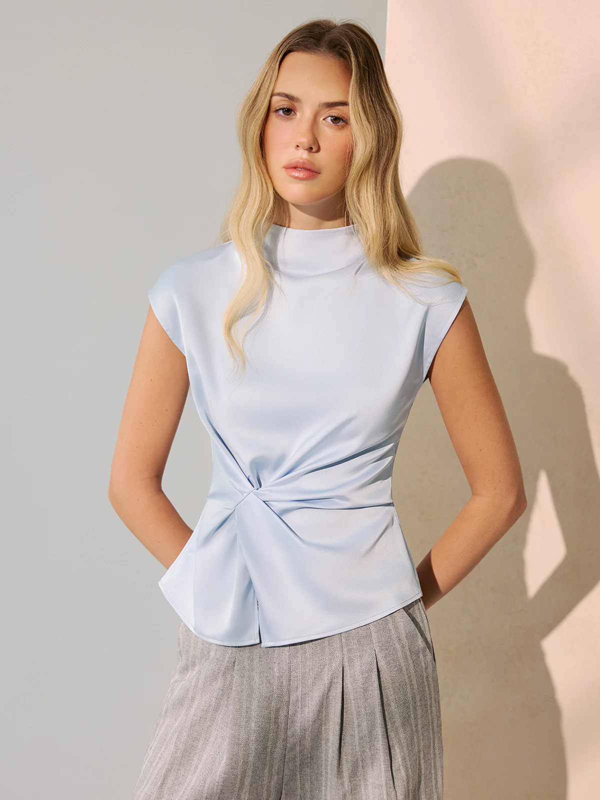 Twist-Front Satin Mock Neck Sleeveless Top