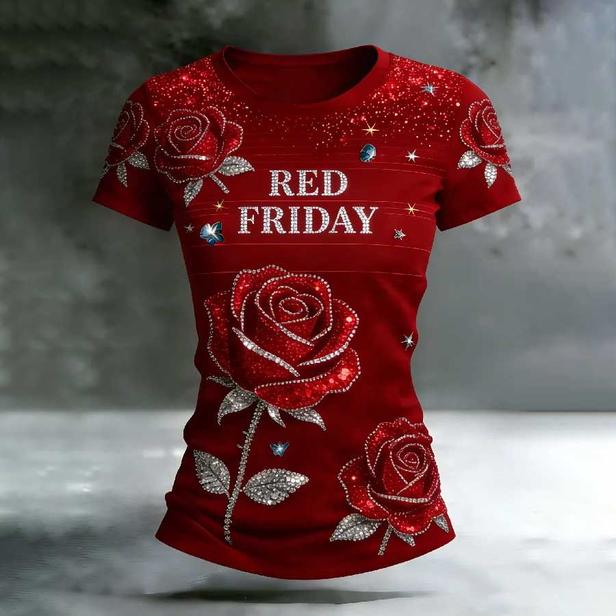 Women's Casual Red Friday Print Short-Sleeve T-Shirt