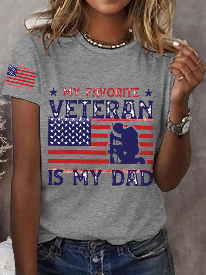 Women's My Favorite Veteran Is My Dad, Proud Veteran Daughter American Flag Tee
