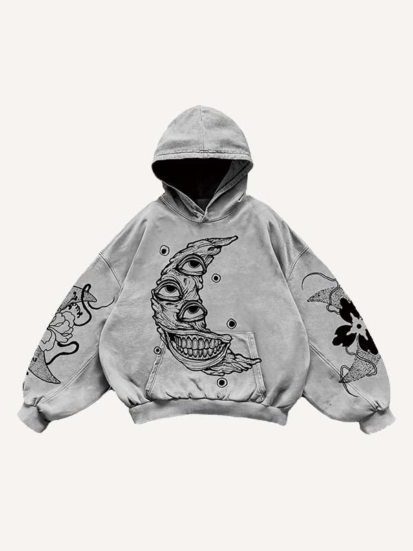 Evil Moon&Eye&Floral&Graphic Print Slant Pockets Hoodie