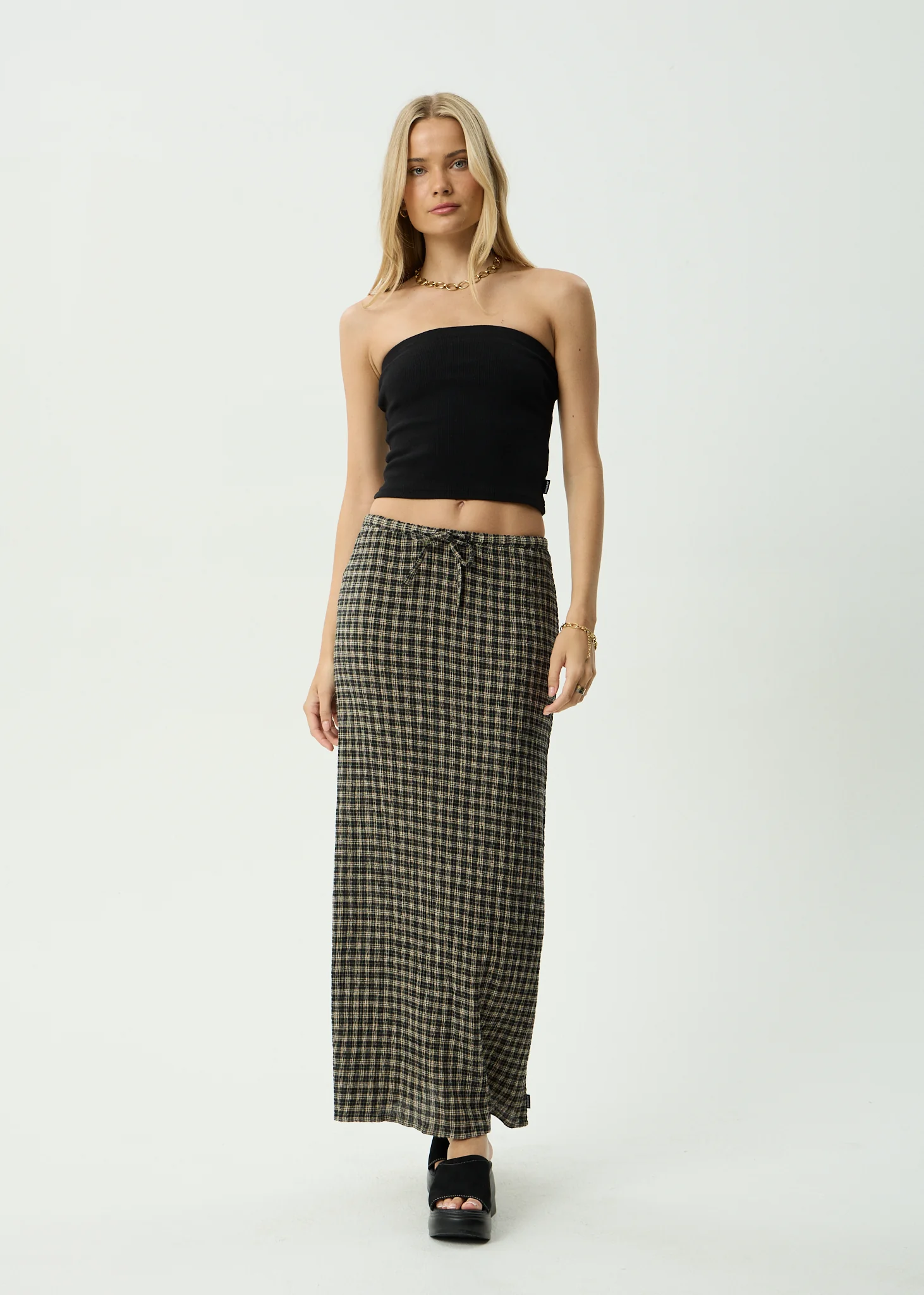AFENDS Womens Frida -  Seersucker Maxi Skirt - Tan / Olive Check