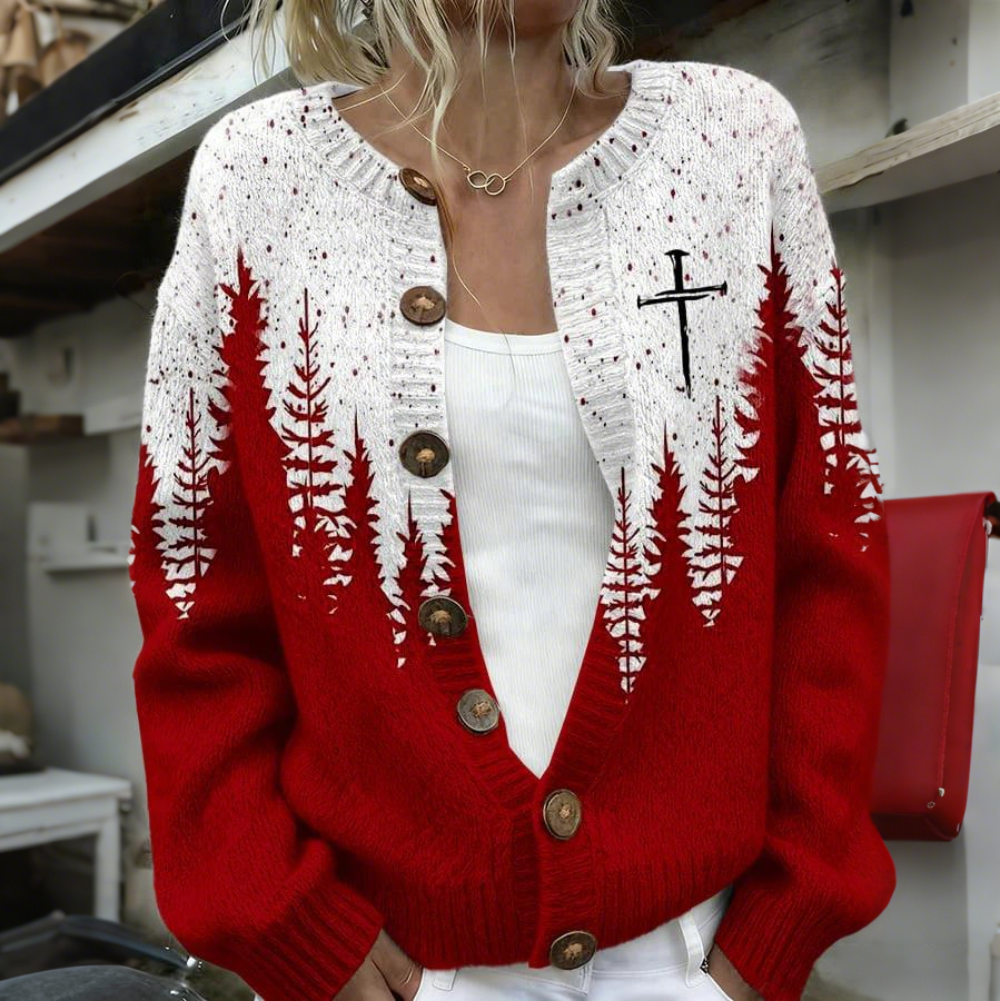 Women's Christmas Faith Print Button Knit Cardigan