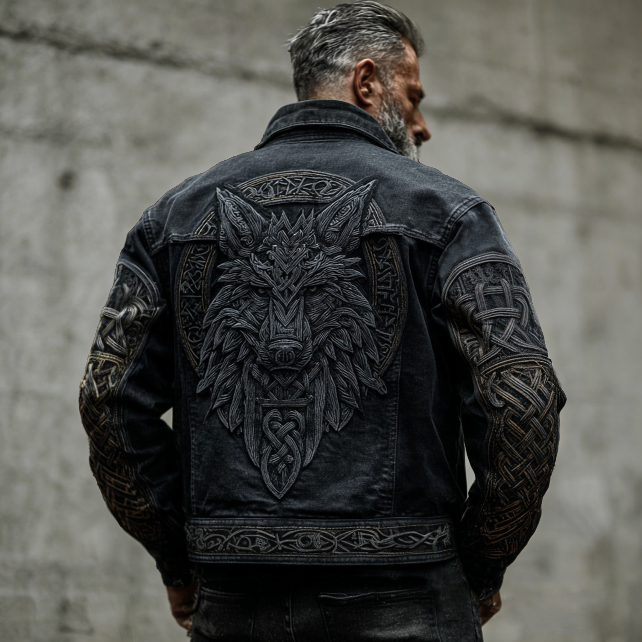 Men's Vintage Viking Celtic Wolf Art Washed Denim Jacket