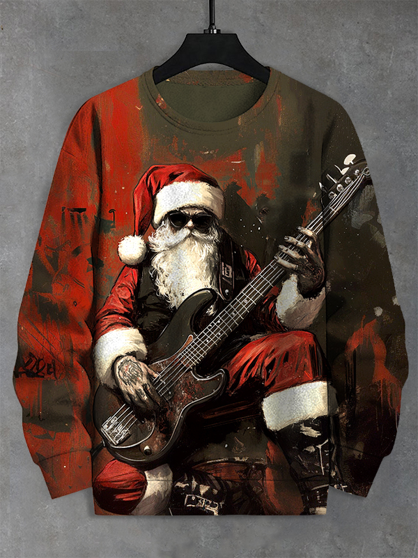 Men's Retro Punk Rock Santa Plays The Bass Print Casual Sweatshirt