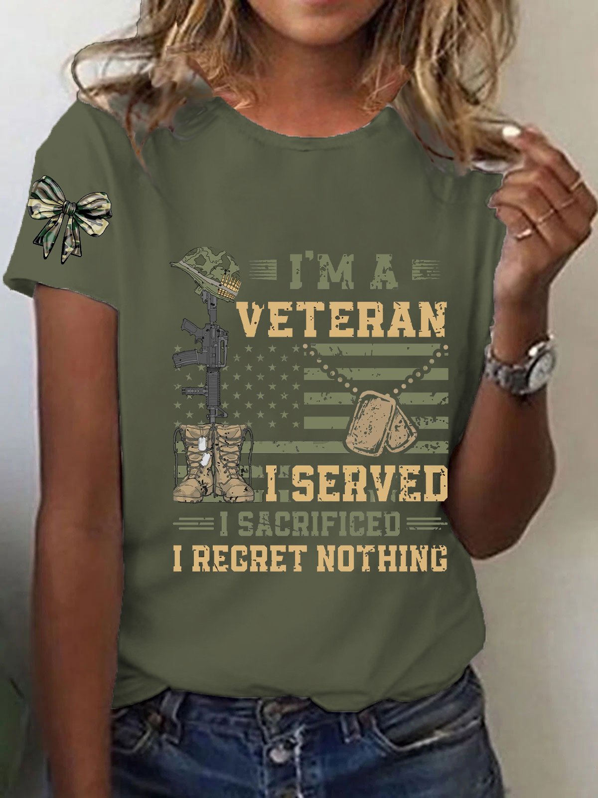 Women's Patriotic Veteran USA Flag Print T-Shirt