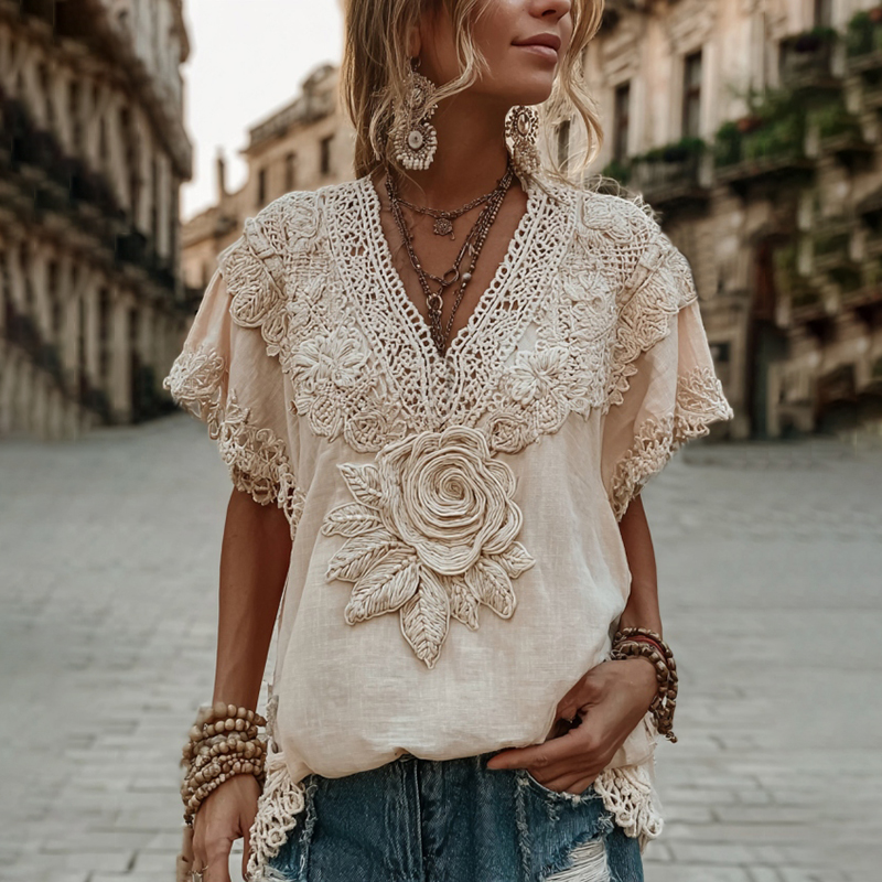 Women's Vintage Floral Art Print V Neck Short Sleeve Tops