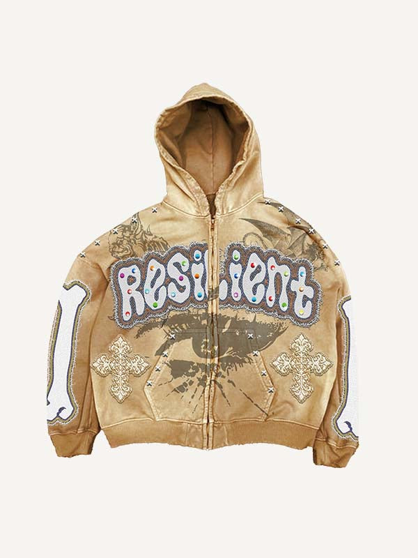 Skeleton&Letter&Cross&Demon Faux Decal Print Zip Up Hooded Coat