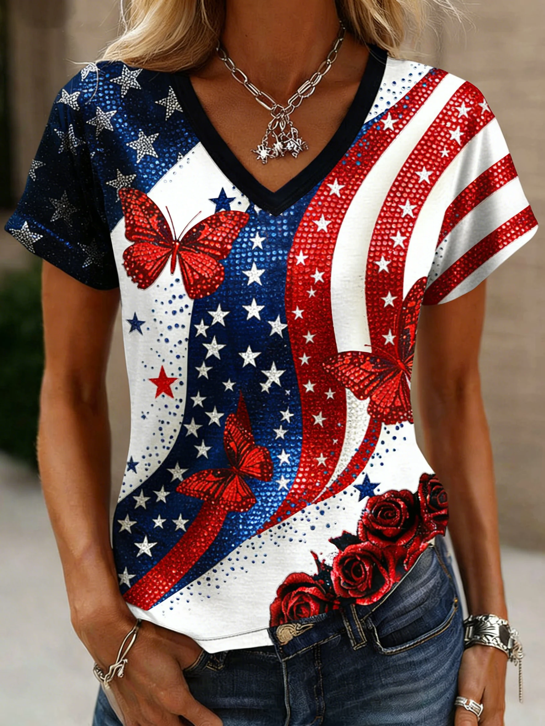 Women's American 250th Anniversary  Printed V-Neck Top