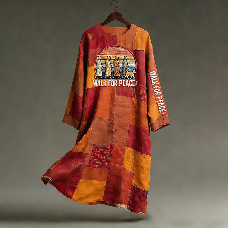 For Peace And Aloka Dog Art In Patchwork Round Neck Dress