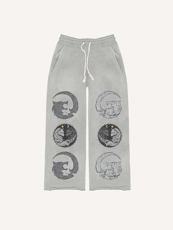 Wolf&Sun&Moon&Letter Print Elastic Waist Pants