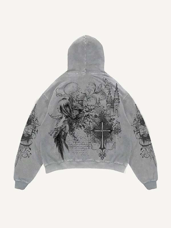 Figure&Cross Graphic Print Slant Pockets Hoodie