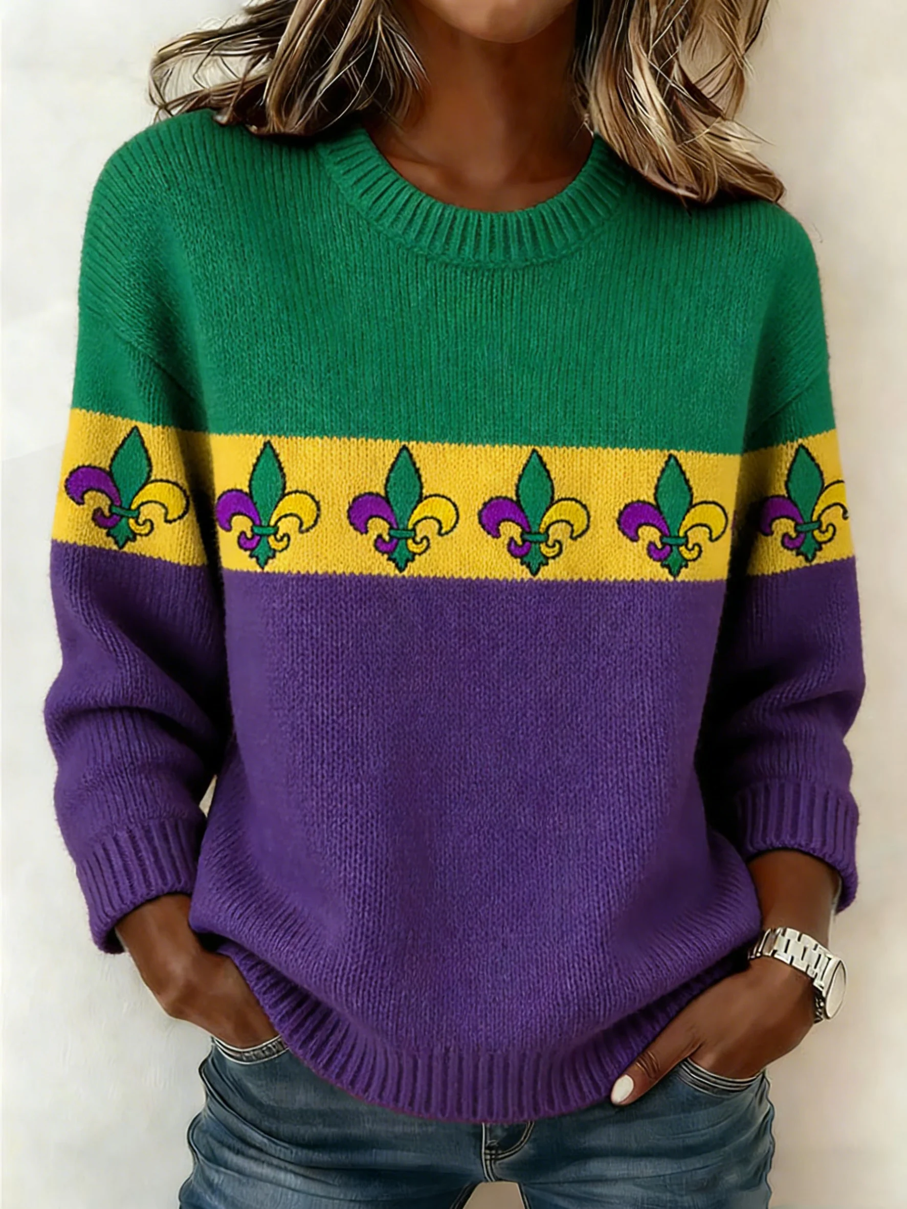 Women's Retro Mardi Gras Print Sweater