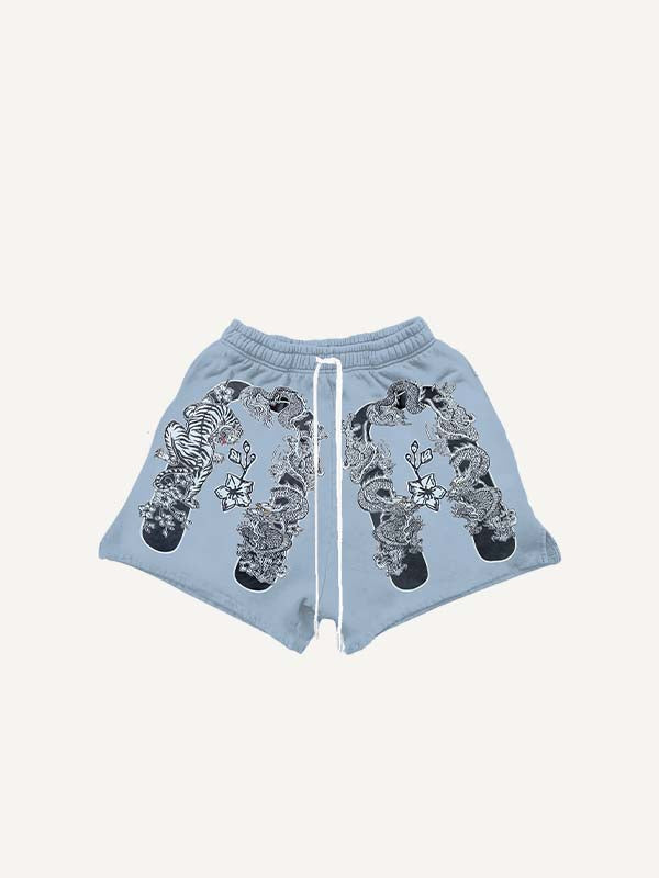 Tiger&Dragon&Graphic Print Drawstring Waist Shorts