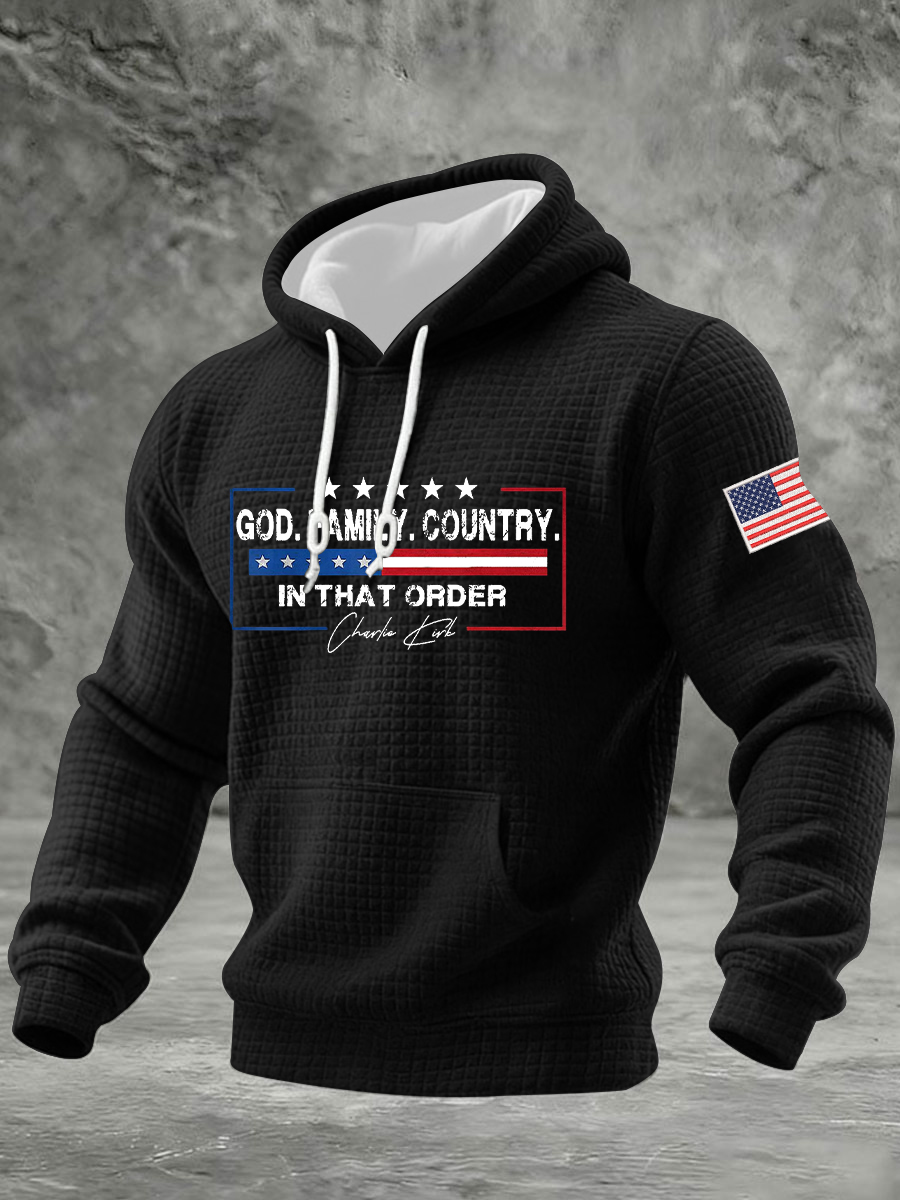 Men's Freedom God Family Country In That Order Printed Checkered Cotton Hoodie