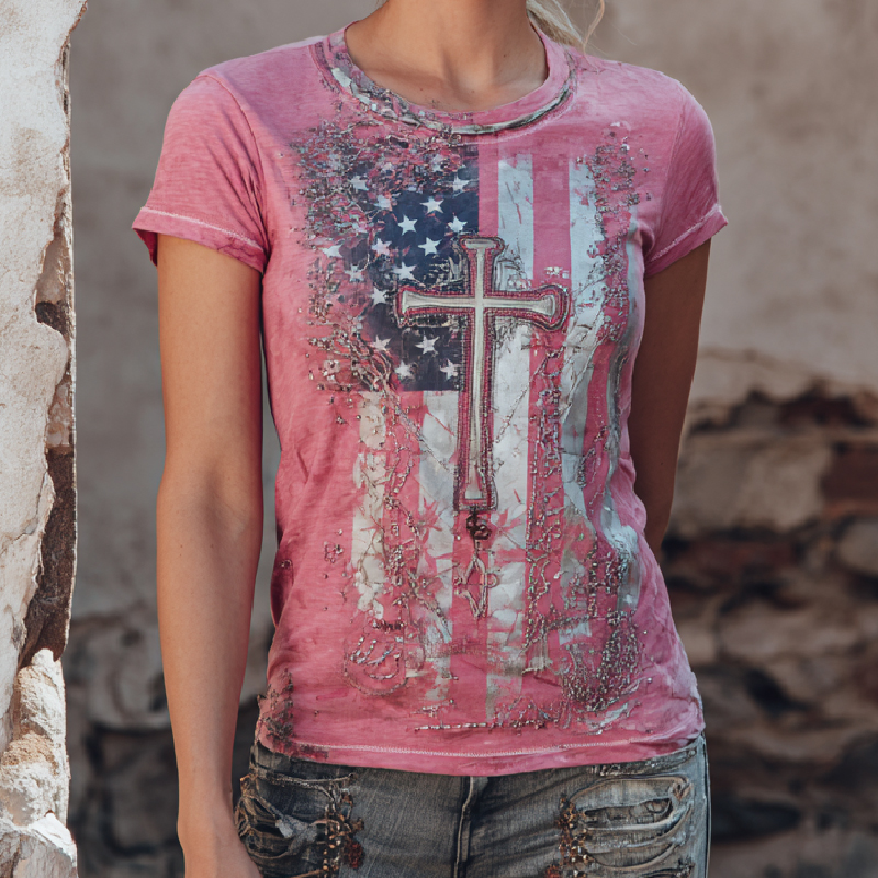 Retro Casual American Flag Cross Faith T-Shirt