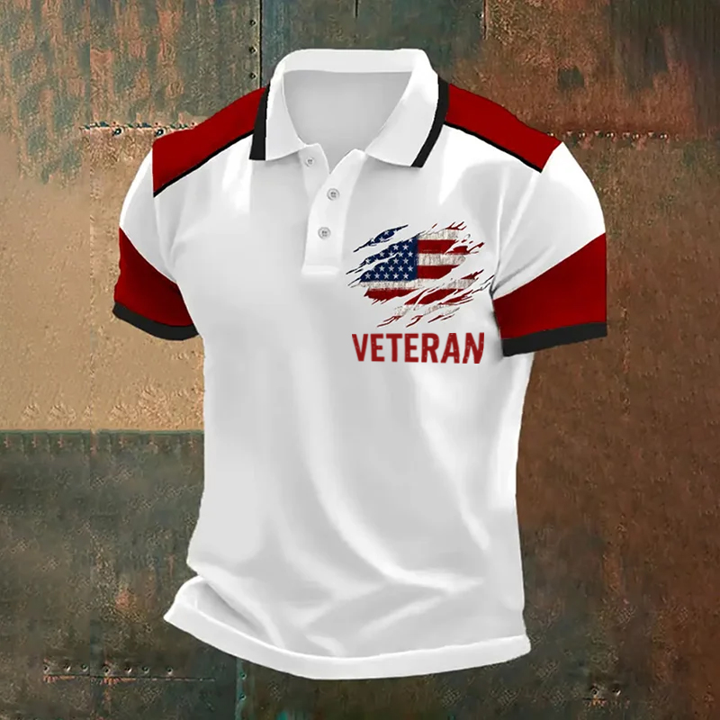 US Veteran Print Casual Polo T-shirt