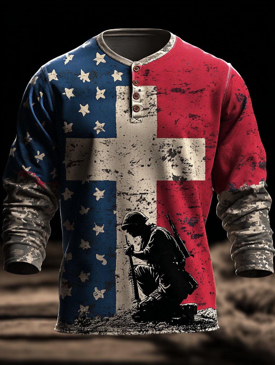 Men's Vintage Faith Veterans Day Commemorative Print Long Sleeve Henley