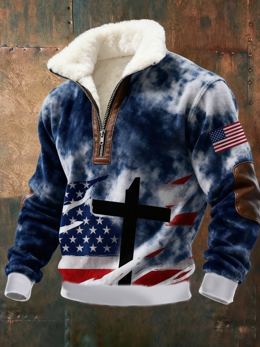 Men's Flag Cross Plush Stand Collar Shirt