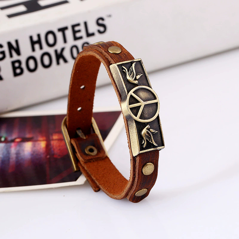 Retro Simple Peace Sign And Peace Dove Decoration Cowhide Leather Bracelet