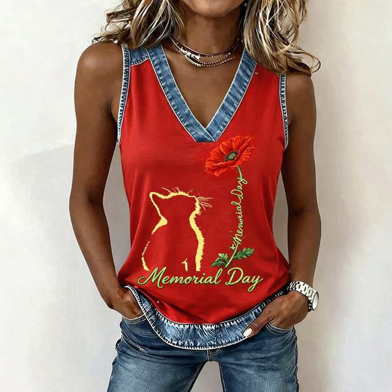 Women's Memorial Day Poppy Cat Art Printed Tank Top