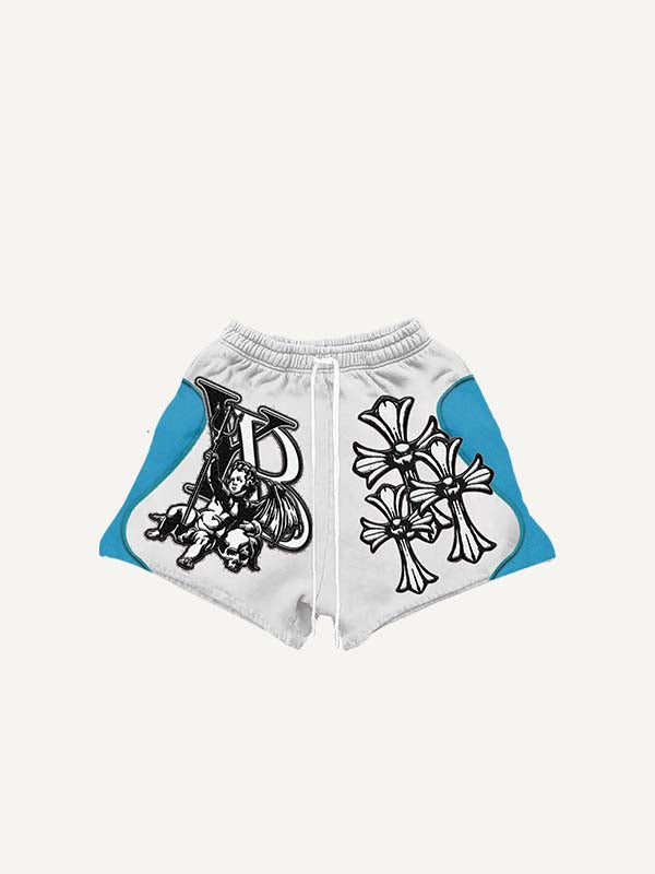 Angel&Cross&Gun&Letter Faux Decal Print Drawstring Waist Shorts