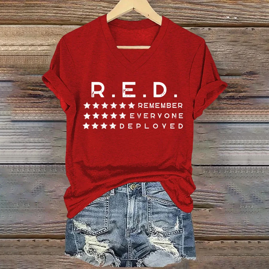 Women's On Fridays We Wear RED Remember Everyone Deployed Print V Neck T-shirt