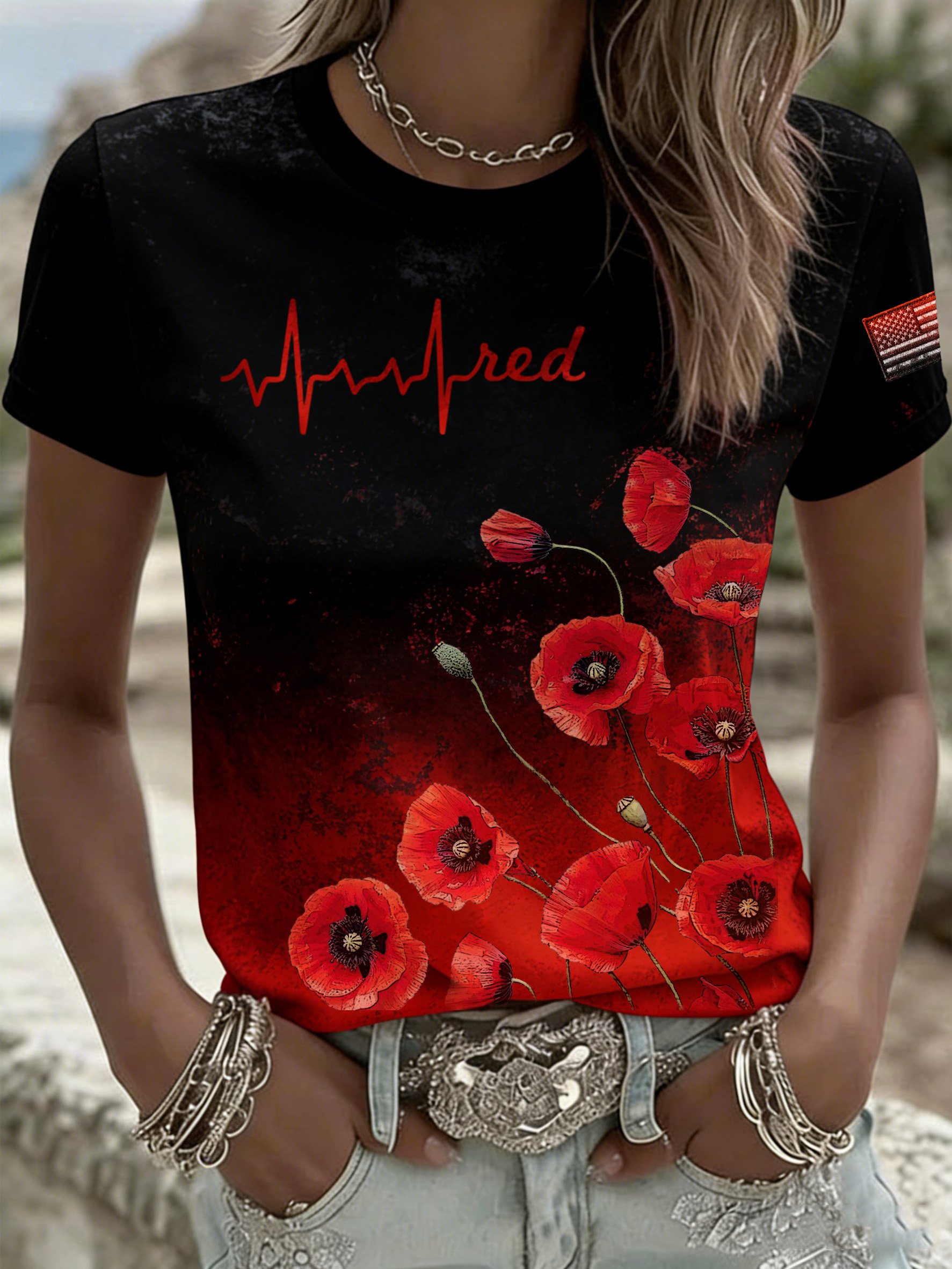 Women's Memorial Day Print Casual Crew Neck Top