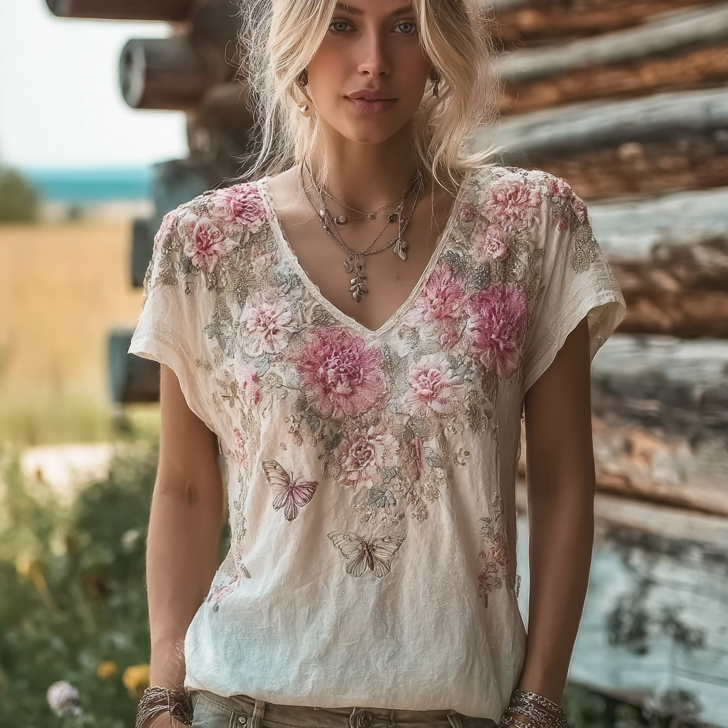 Bohemian Style Floral And Butterfly Pattern Women's T-shirt