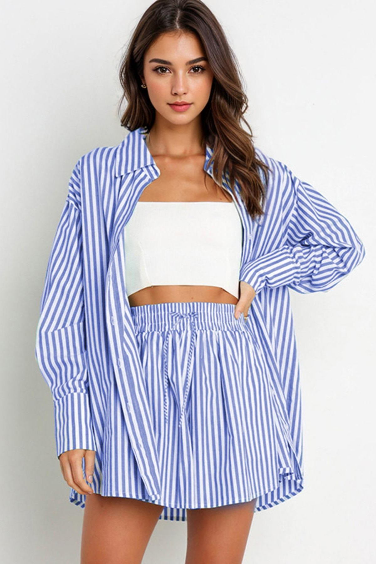 Casual Stripe Collared Button-Up Long Sleeve Shirt & Drawstring Waist Shorts Co-ord