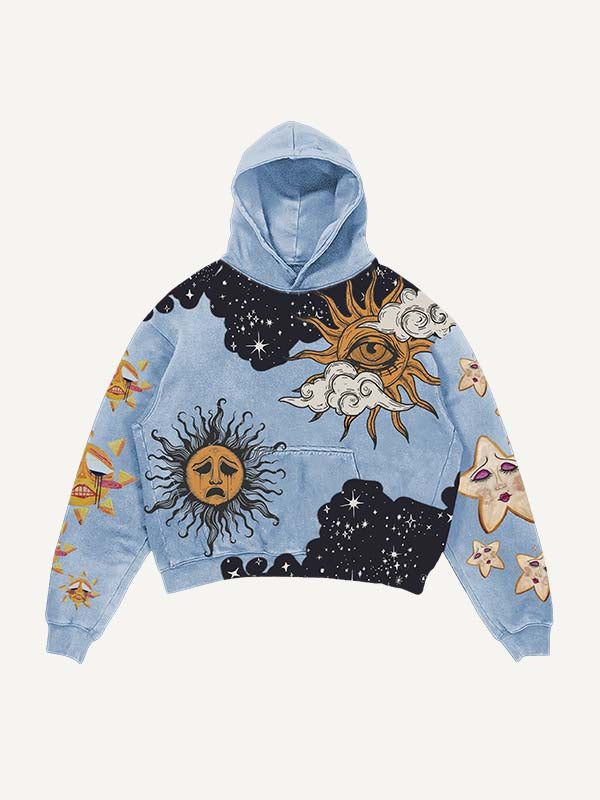 Sad Sun&Moon&Eye&Cloud&Graphic Print Slant Pockets Hoodie