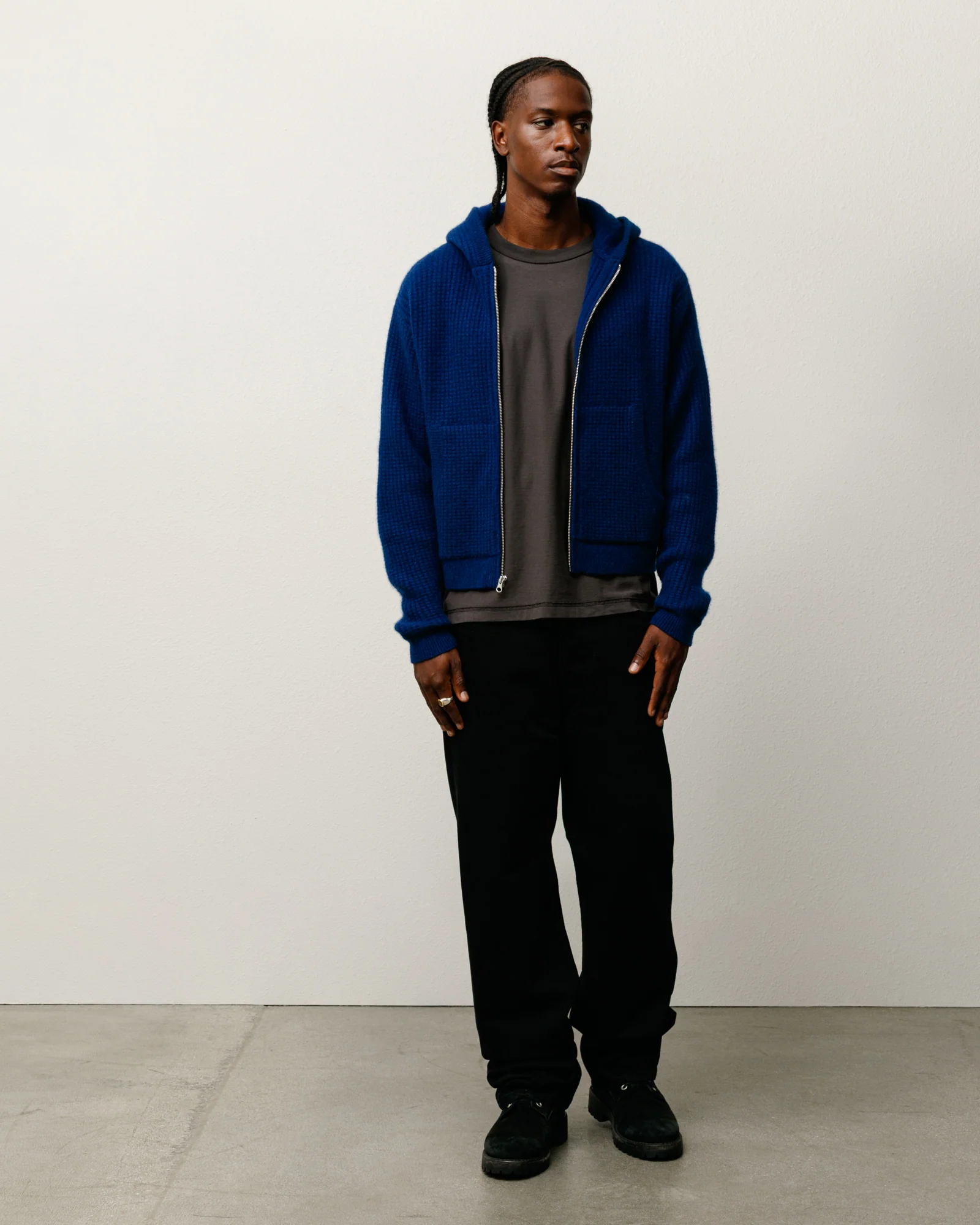 WAFFLE CASHMERE ZIP HOOD SWEATER