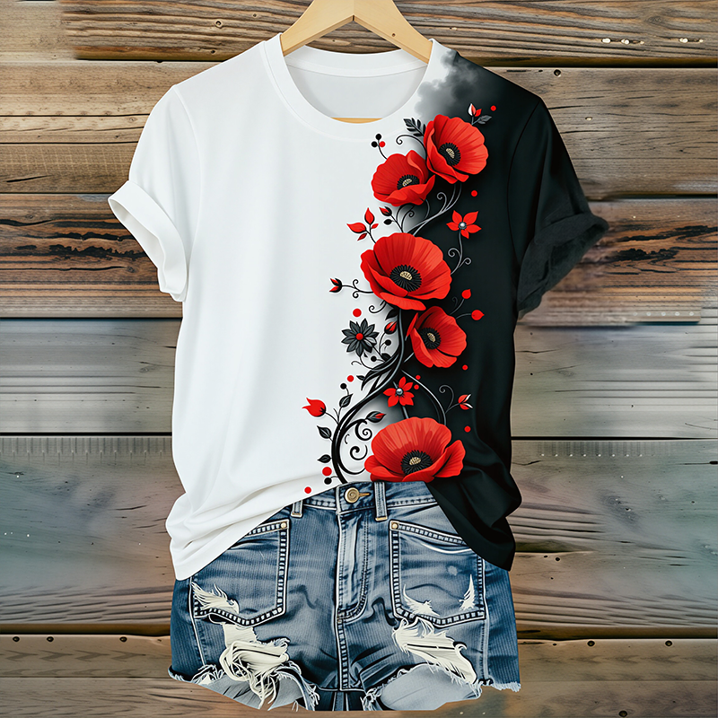 Women's Poppy Print Crew Neck T-Shirt