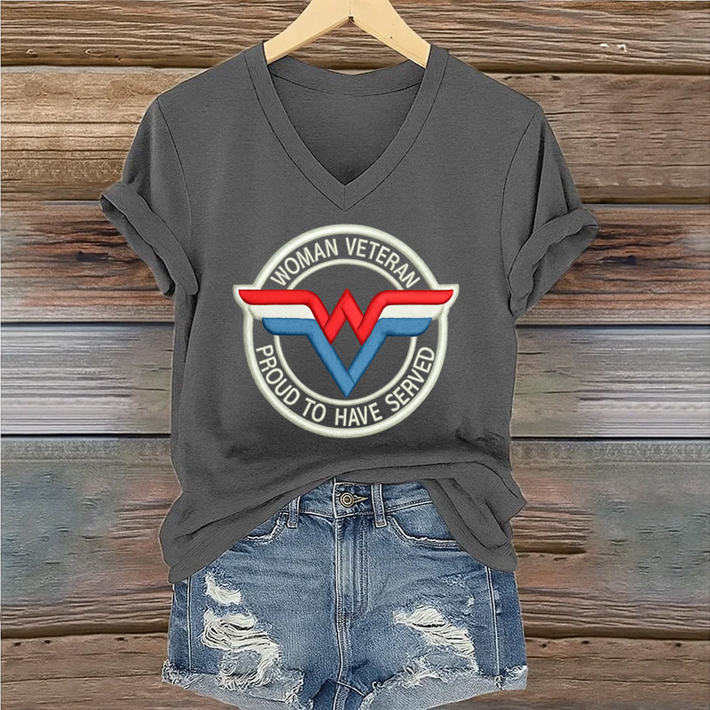 Women's Veteran Print Casual V-Neck Short Sleeve T-Shirt