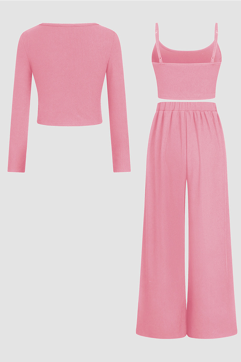 Minimalist Slim Camisole & High-Waist Trousers with Long-Sleeve Cardigan 3-Piece Set Co-ords
