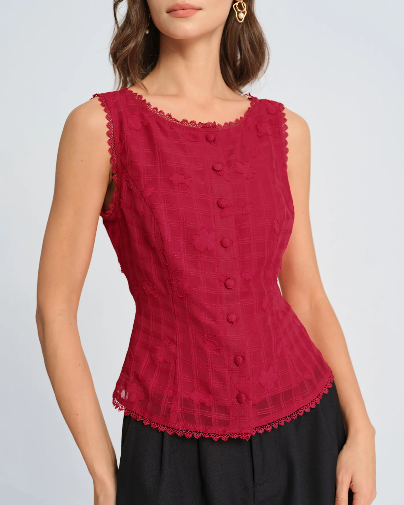 Red Jacquard Round Neck Vest