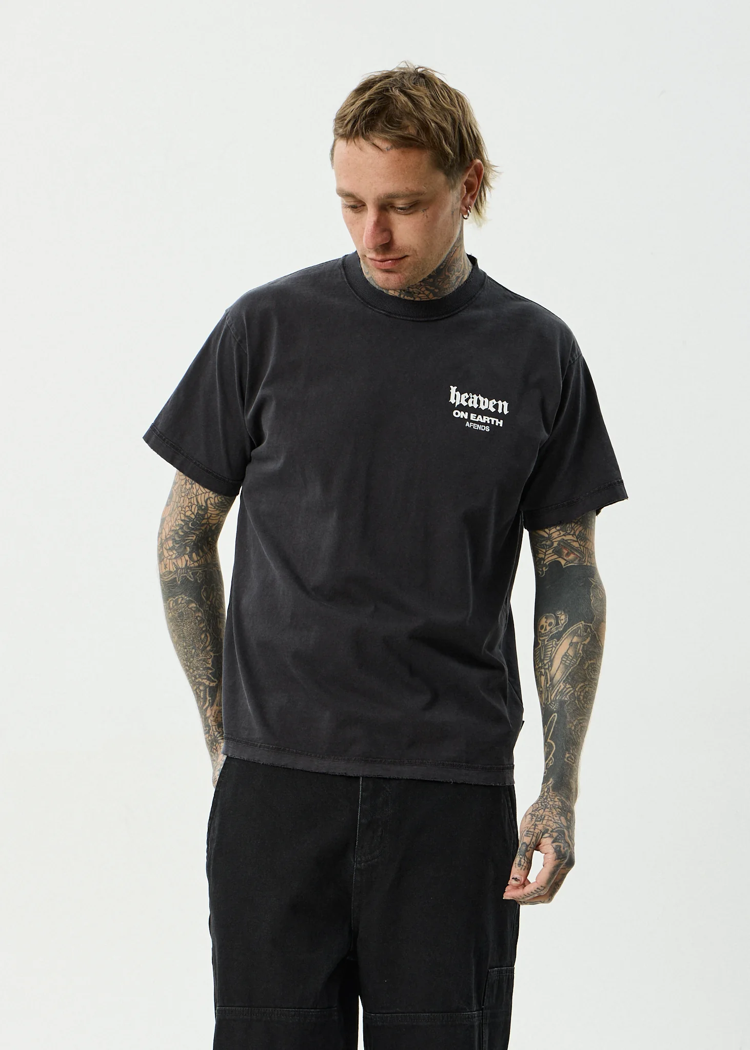 AFENDS Mens Heaven - Heavyweight Boxy Tee - Stone Black