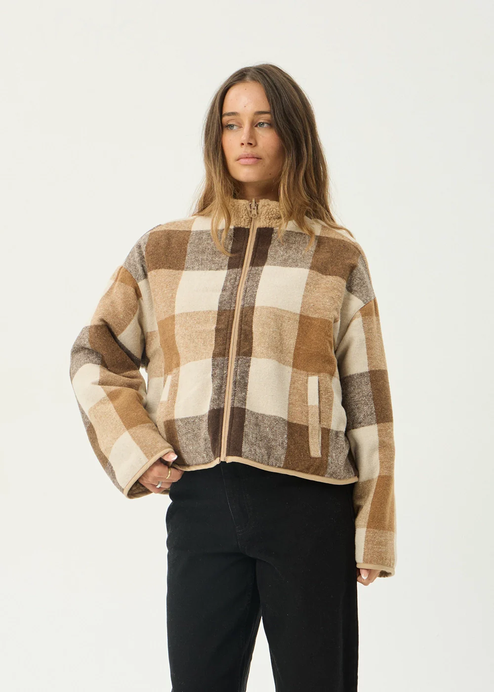 AFENDS Womens Berlin - Reversible Polar Fleece Jacket - Almond Check