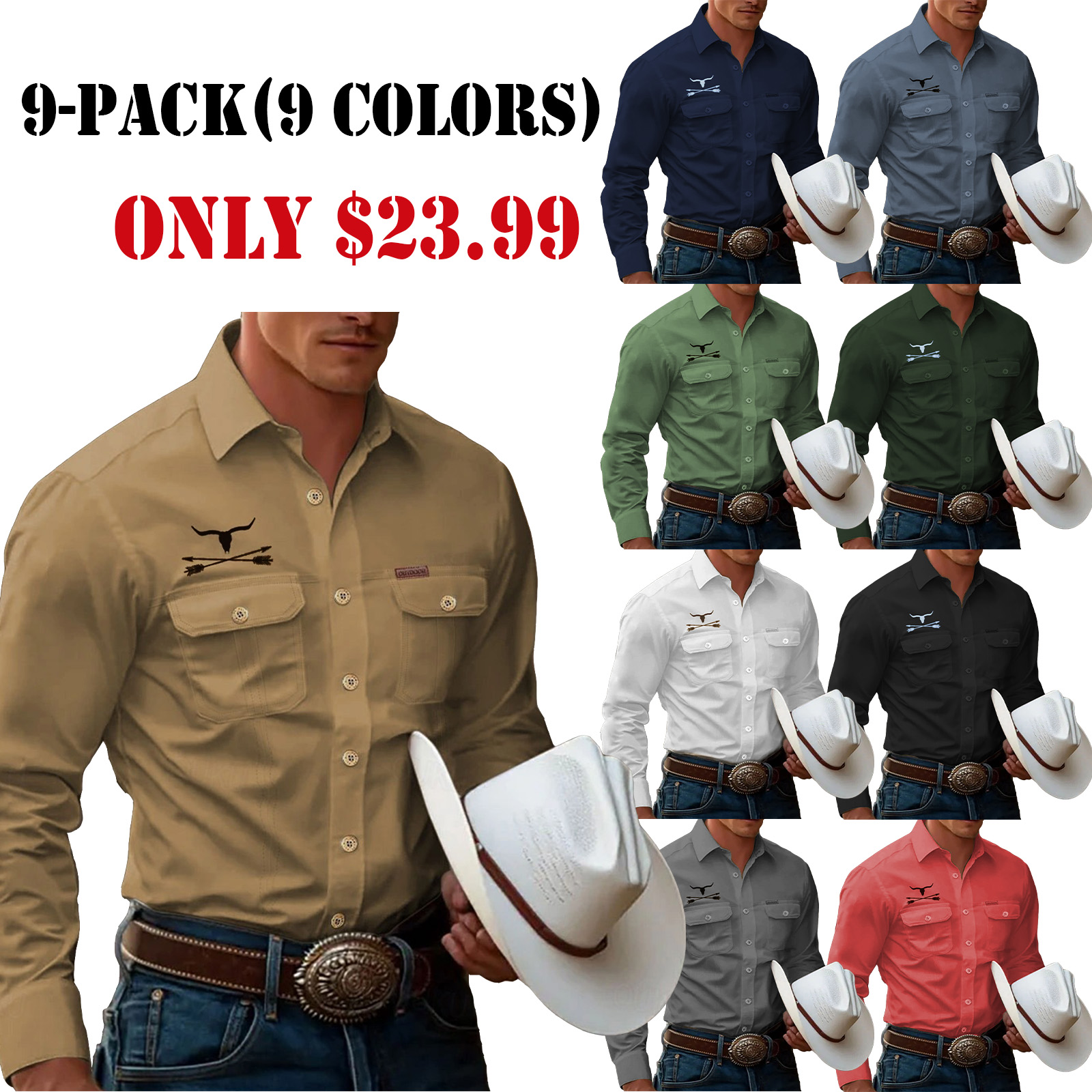 Men's Cow Work Shirt Western Shirt Cargo Shirt Long Sleeve Casual