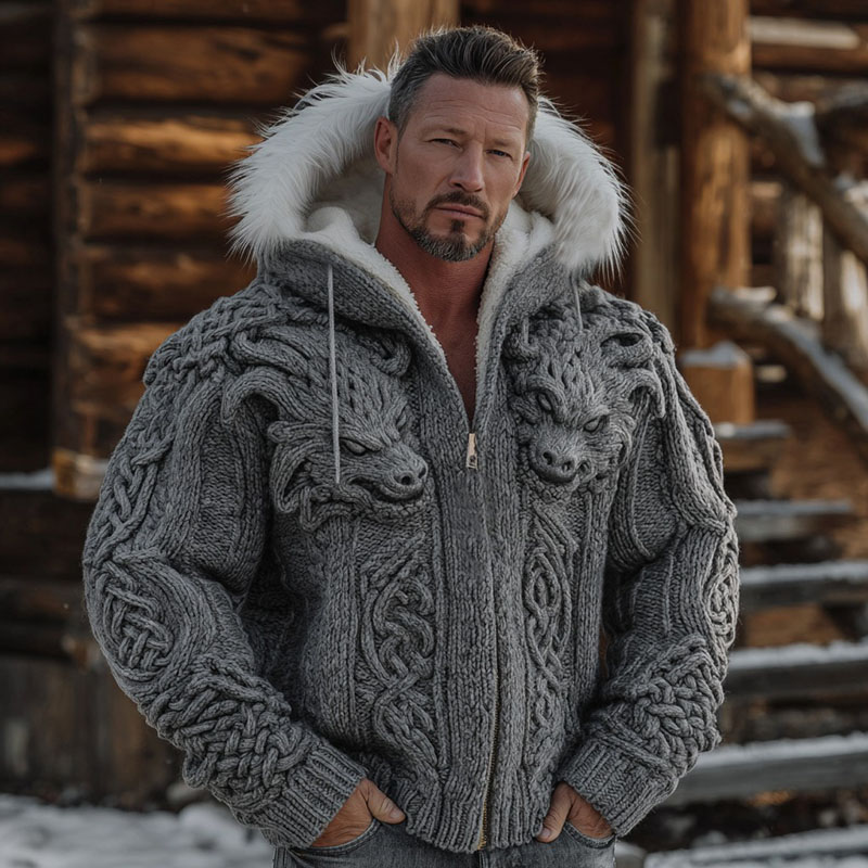 Men's Viking Celtic Knot Dragon Art Cozy Fur Collar Knit Hooded Sweater Jacket