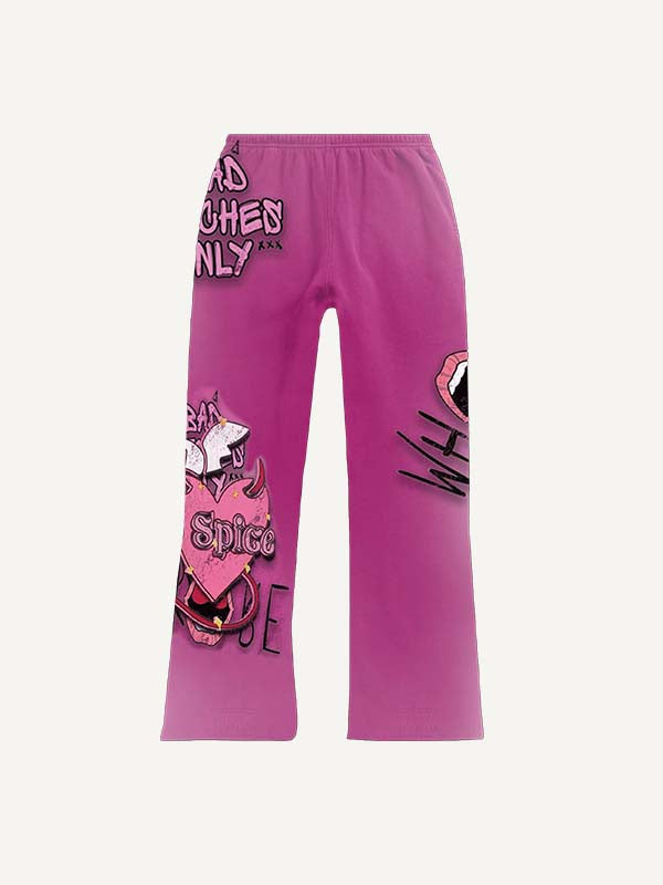 Tongue&Letter&Heart Print Elastic Waist Pants