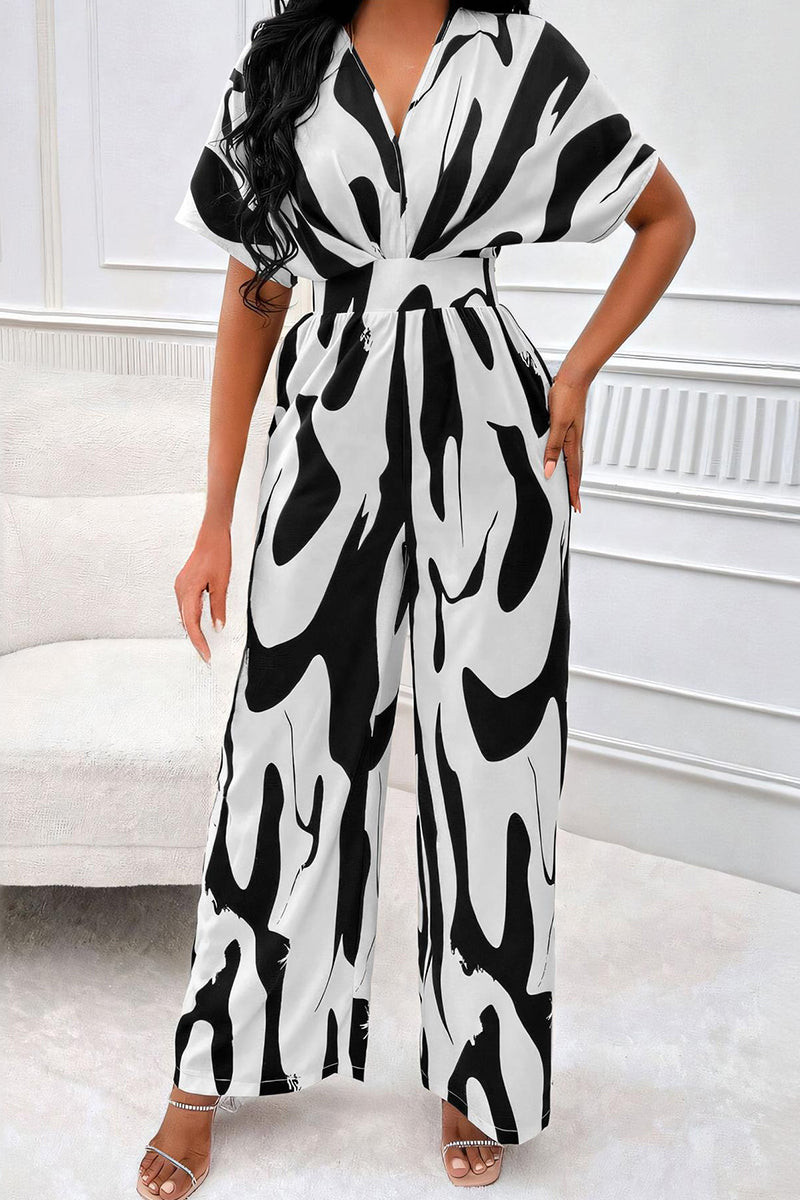 Trendy V-Neck Allover Print Thin Waist Wide Leg Jumpsuit