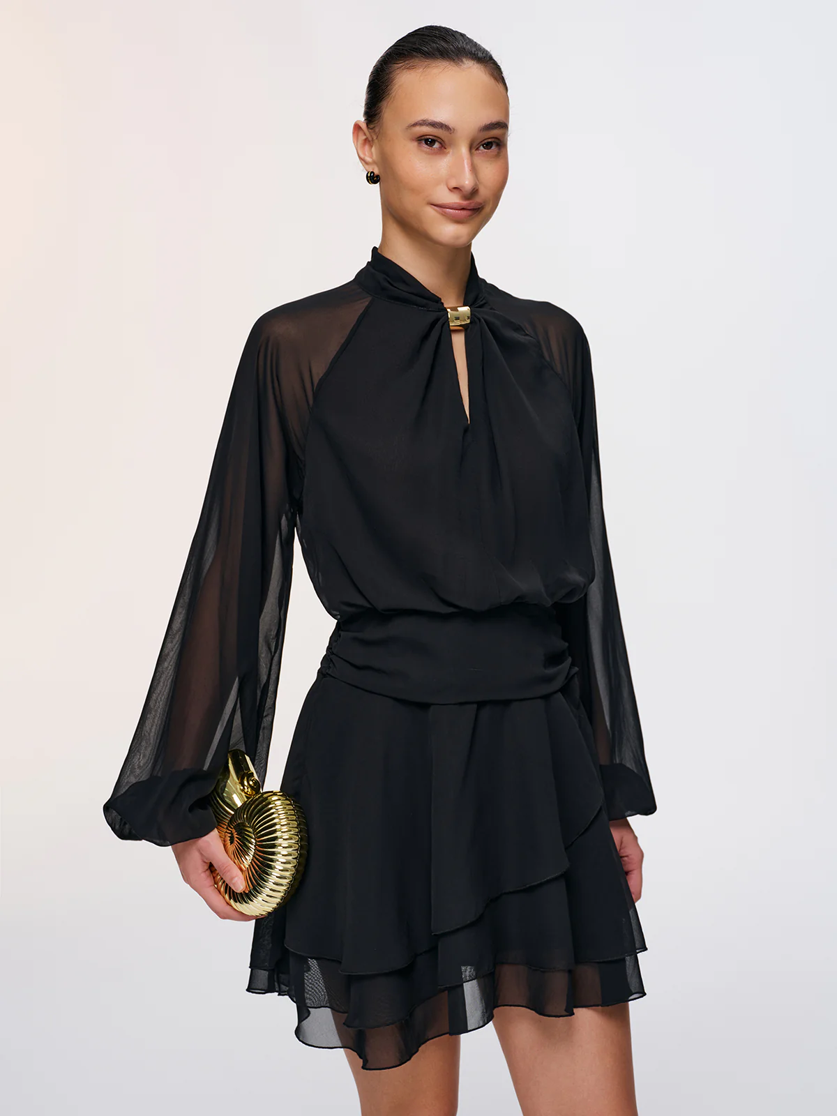 Metal Detail Semi-Sheer Chiffon Mini Dress