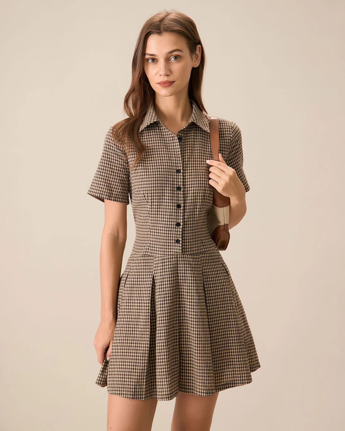 Brown Plaid Lapel Pleated Mini Dress