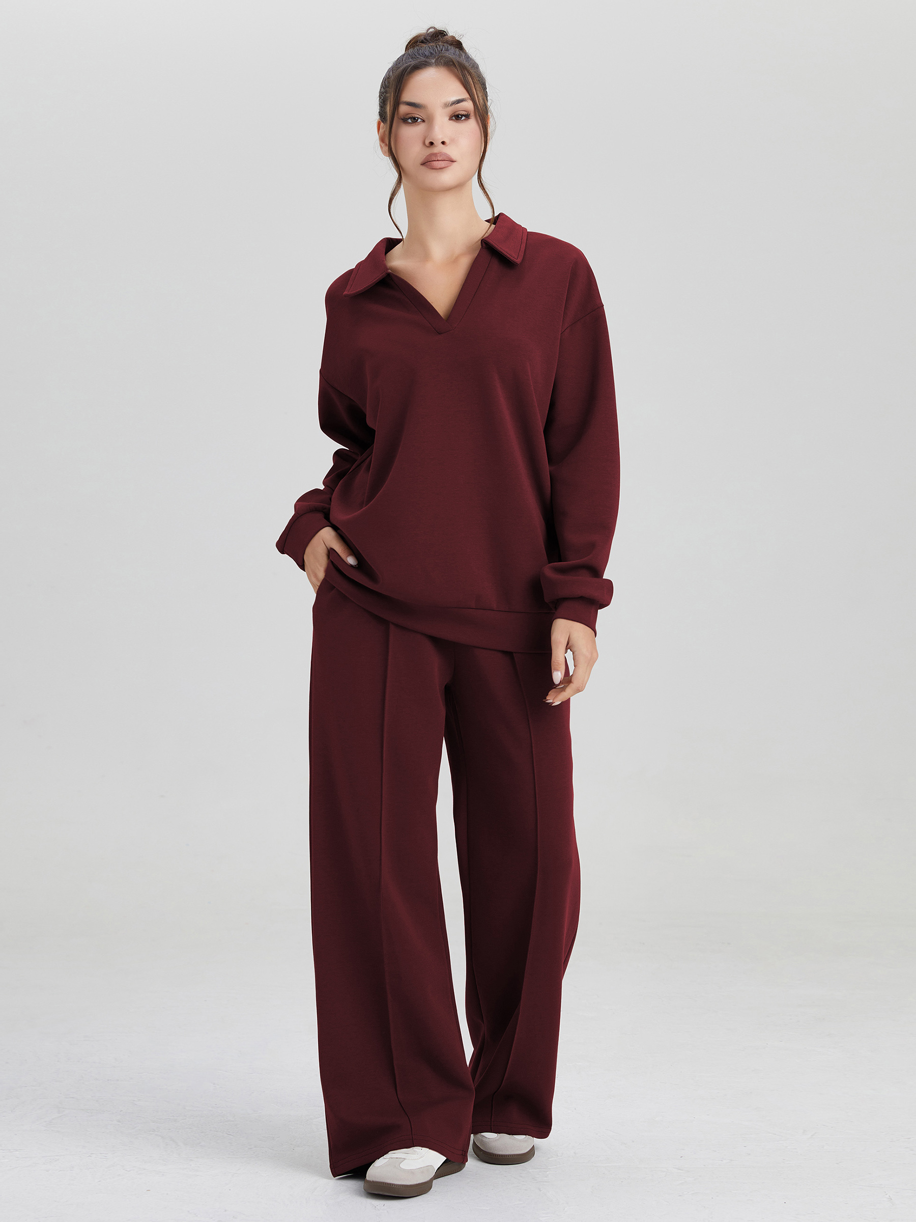 KatchMe Basic Soft Split-Neck Sweatshirt & Seam Wide Leg Trousers Co-ord