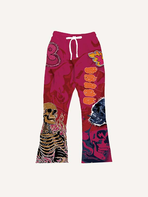 Skeleton&Heart&Fire&Letter Faux Decal Print Elastic Waist Pants