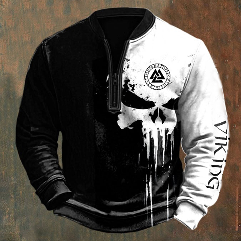 Men's Vintage Viking Skull Print Zip-Up Sweatshirt