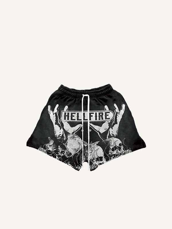 Skull&Palm&Fire Print Drawstring Waist Shorts