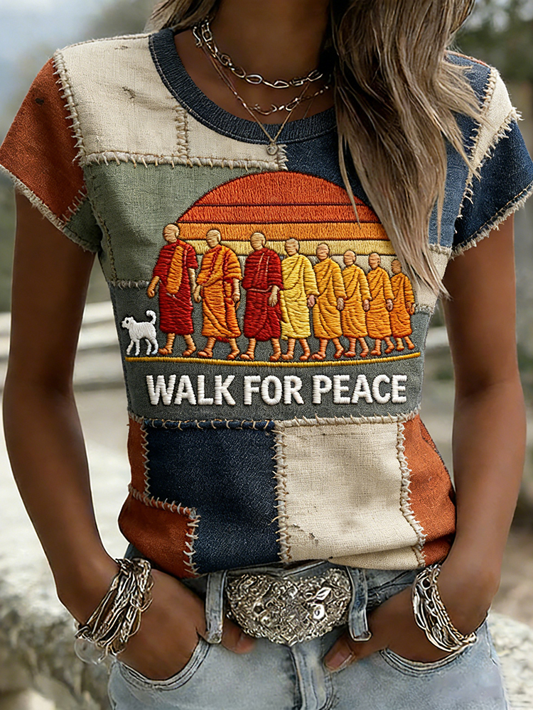 Retro 2026 Walk For Peace Artistic Patchwork Print T-shirt