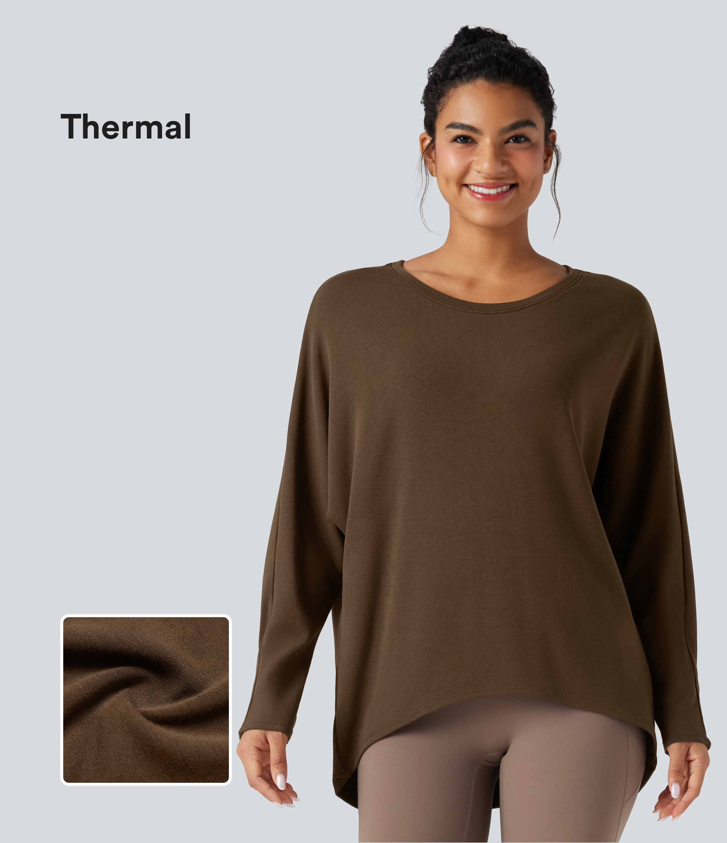 Scoop Neck Long Sleeve High-Low Oversized Thermal Casual Top