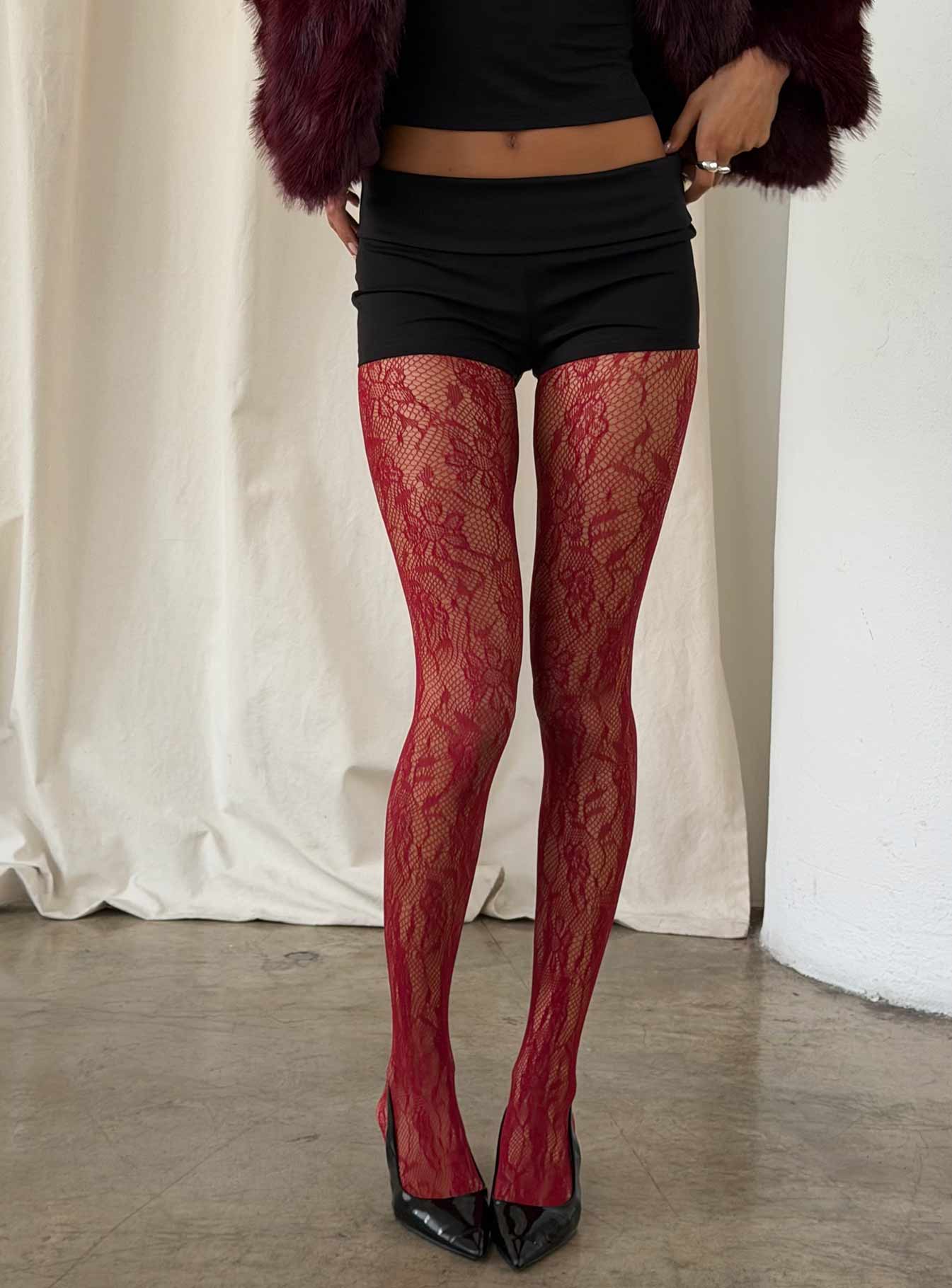 Fior Lace Stockings Red